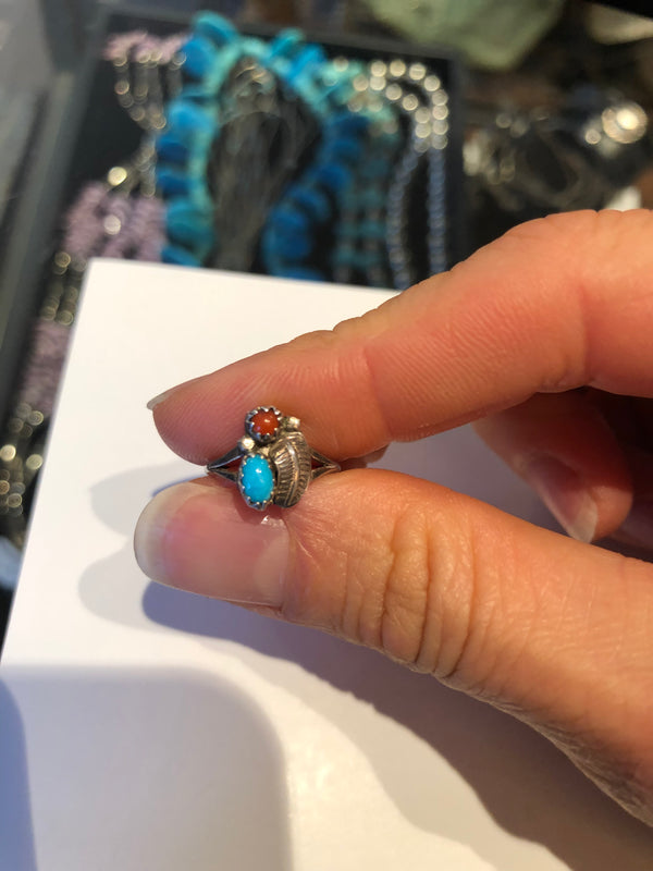 Turquoise and Coral Feather Sterling Silver Ring