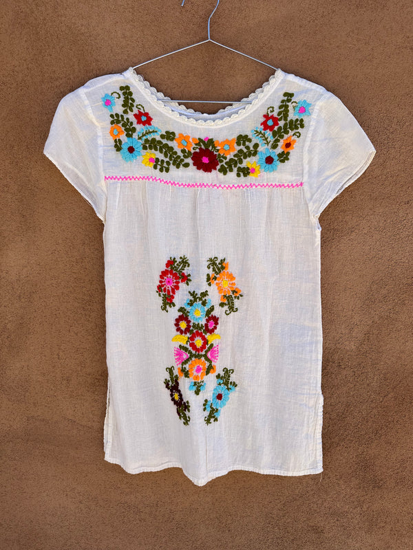 Mexican Embroidered Puebla Blouse, Cream and Multi-Colored
