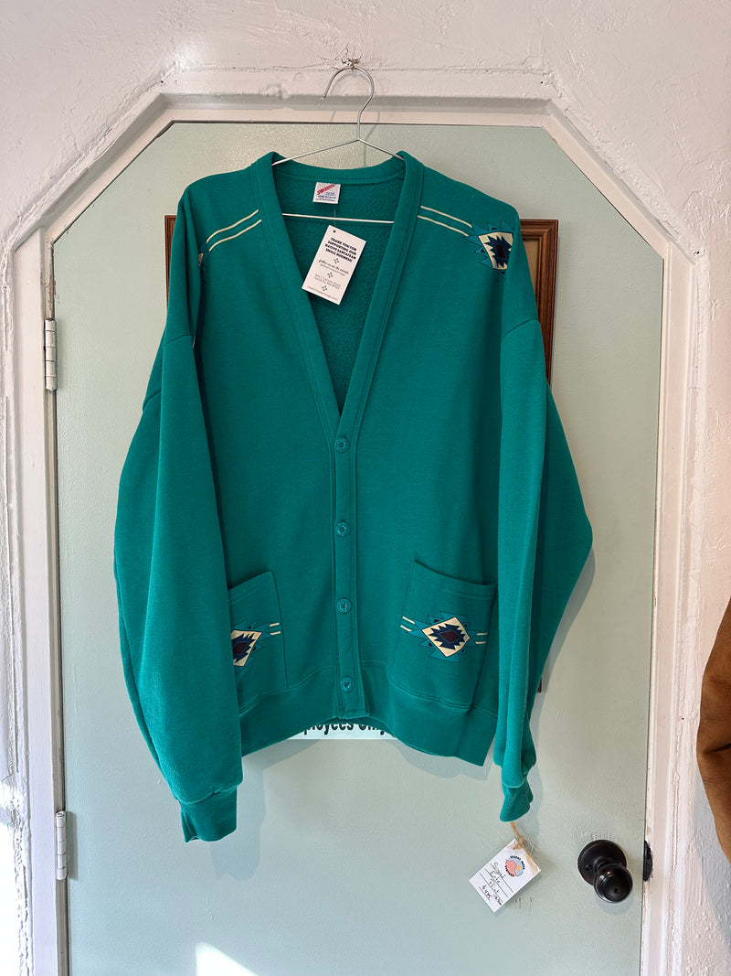 Teal Fleece Cardigan with Southwest Designs
