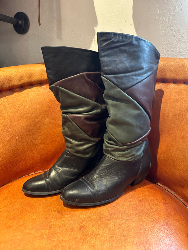 80's Slouchy Leather Boots - Black/Green/Brown 7