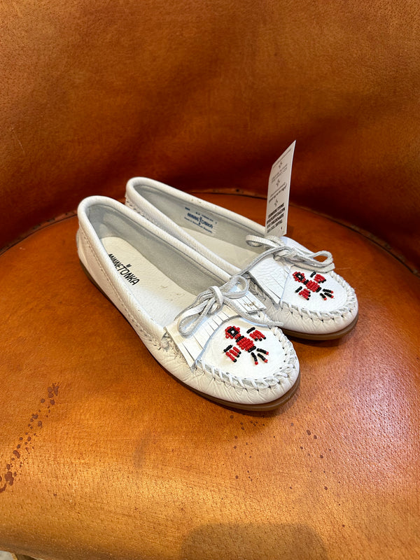 White Leather Moccasins w/Red Thunderbird 8.5