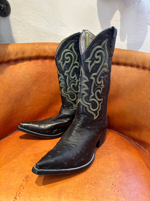Black Ostrich and Leather Boots with Neon Green Stitch 9.5