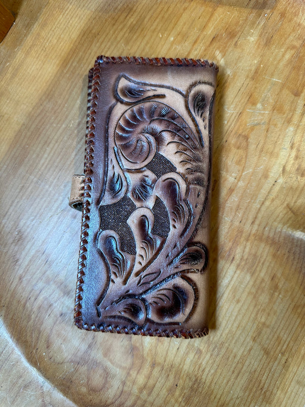 80's Hand Tooled Leather Wallet with Mirror