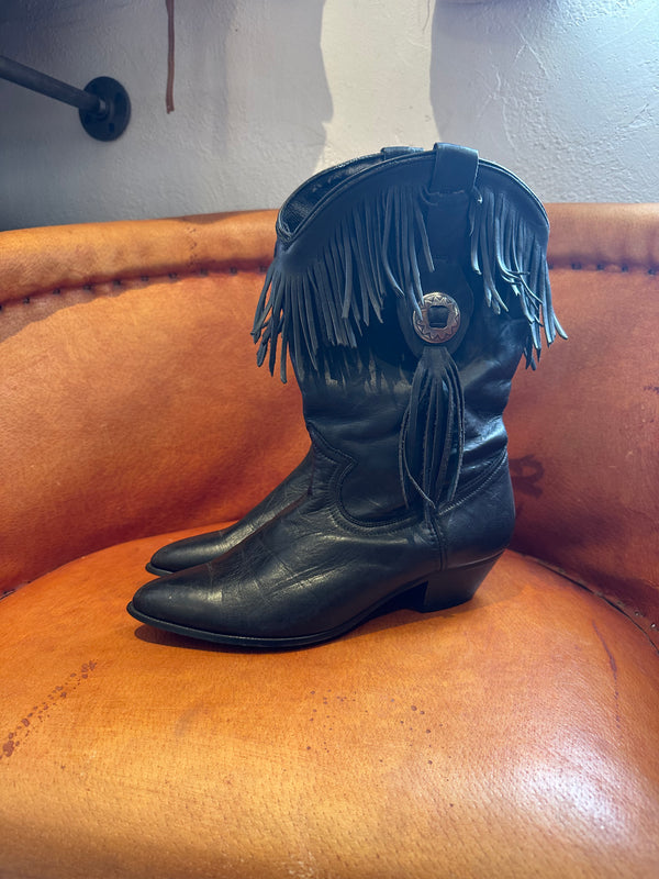 Black Leather ACME Western Style Boots with Fringe 8.5m