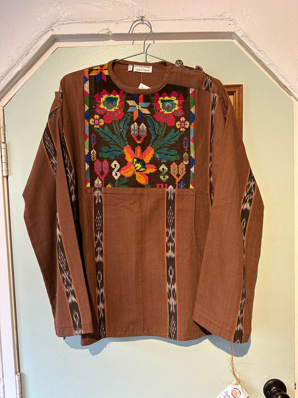 Guatemalan Woven Textile Blouse with Pockets - Brown