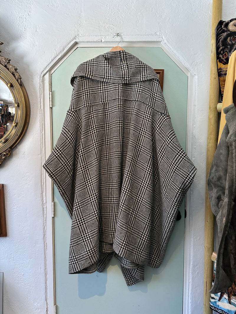 Oversized Wool Houndstooth Poncho with Sleeves