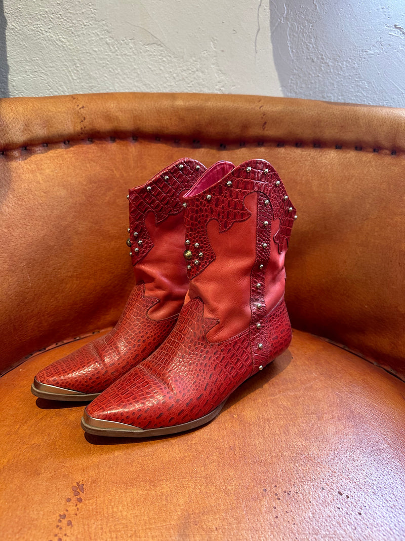 1980's Red Leather Cowboy Ankle Boots w/Studs 7.5