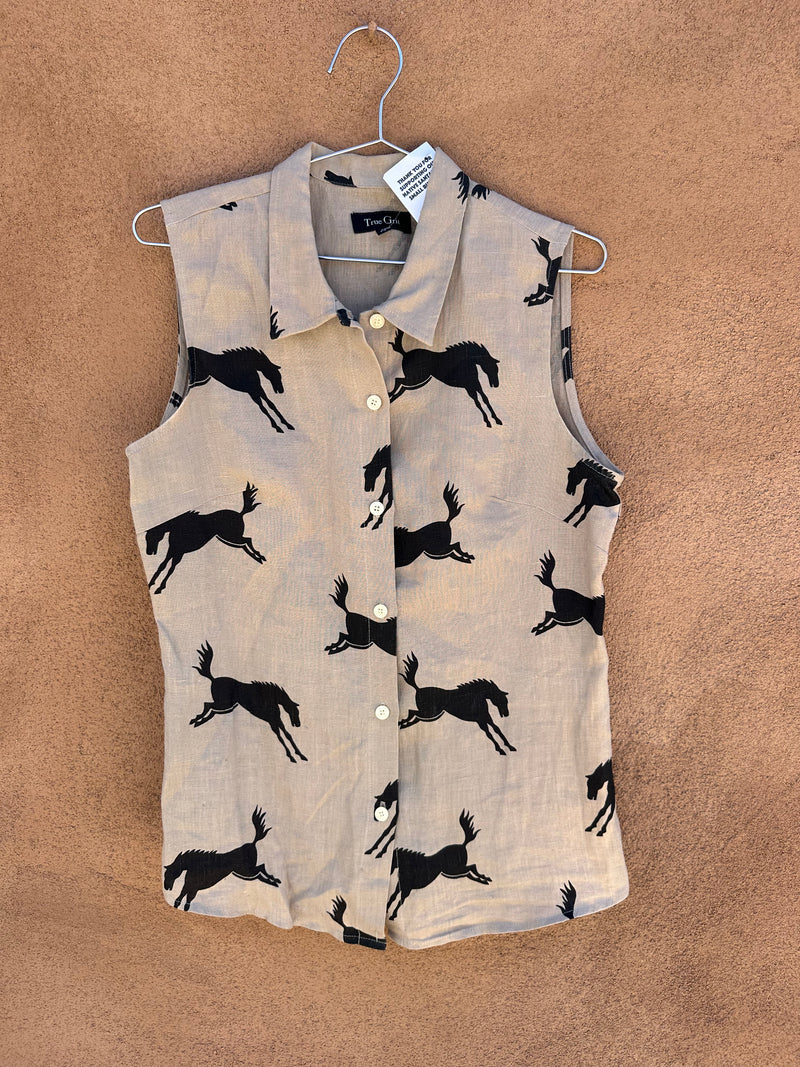 Sleeveless Linen Shirt with Horse Print
