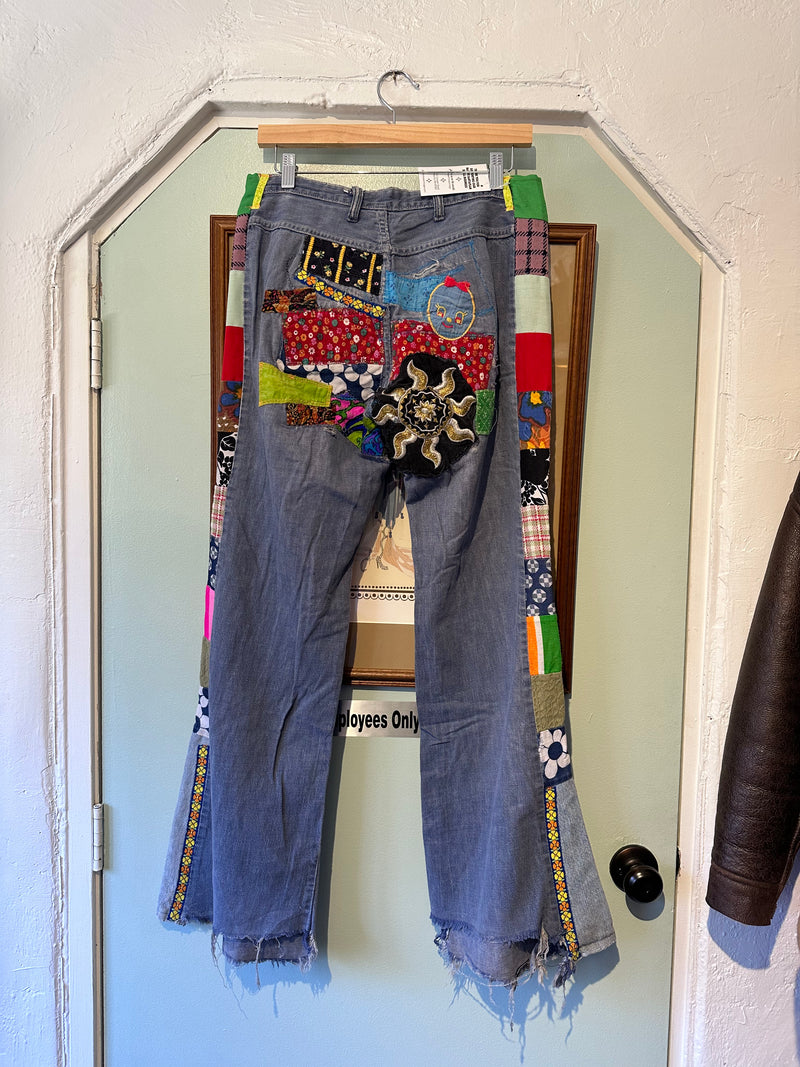Patchwork Bell Bottom Jeans, Waist: 31
