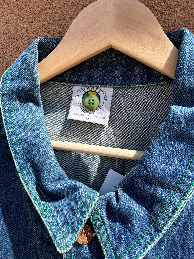 90's Cross Colours Green Stitch Denim Jacket with Hood