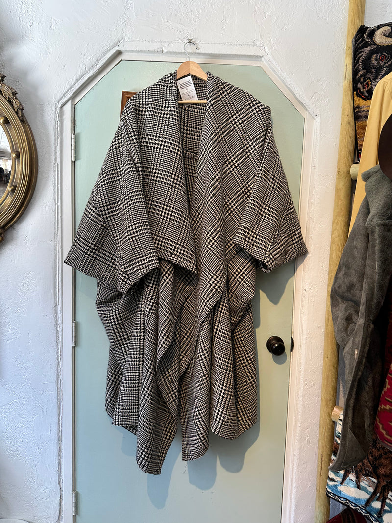Oversized Wool Houndstooth Poncho with Sleeves