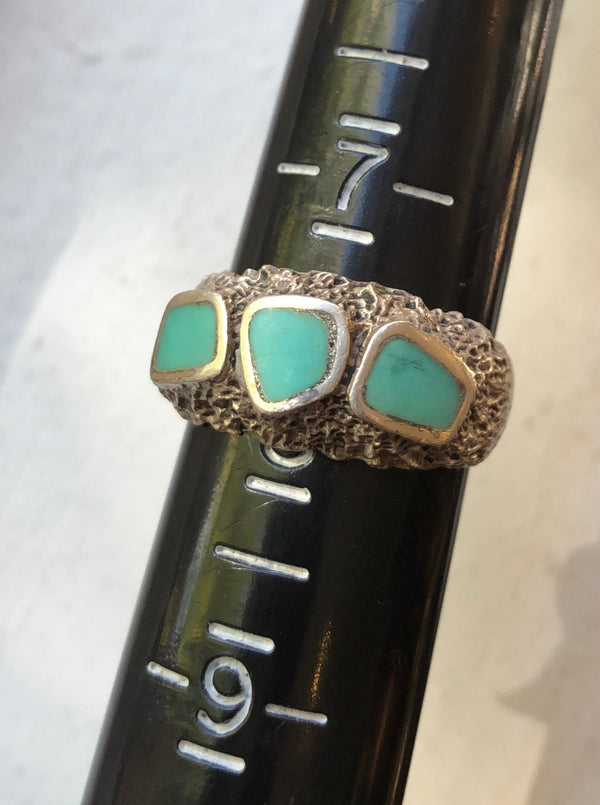 "Bone" Sterling Silver and 3 Turquoise Stone Ring
