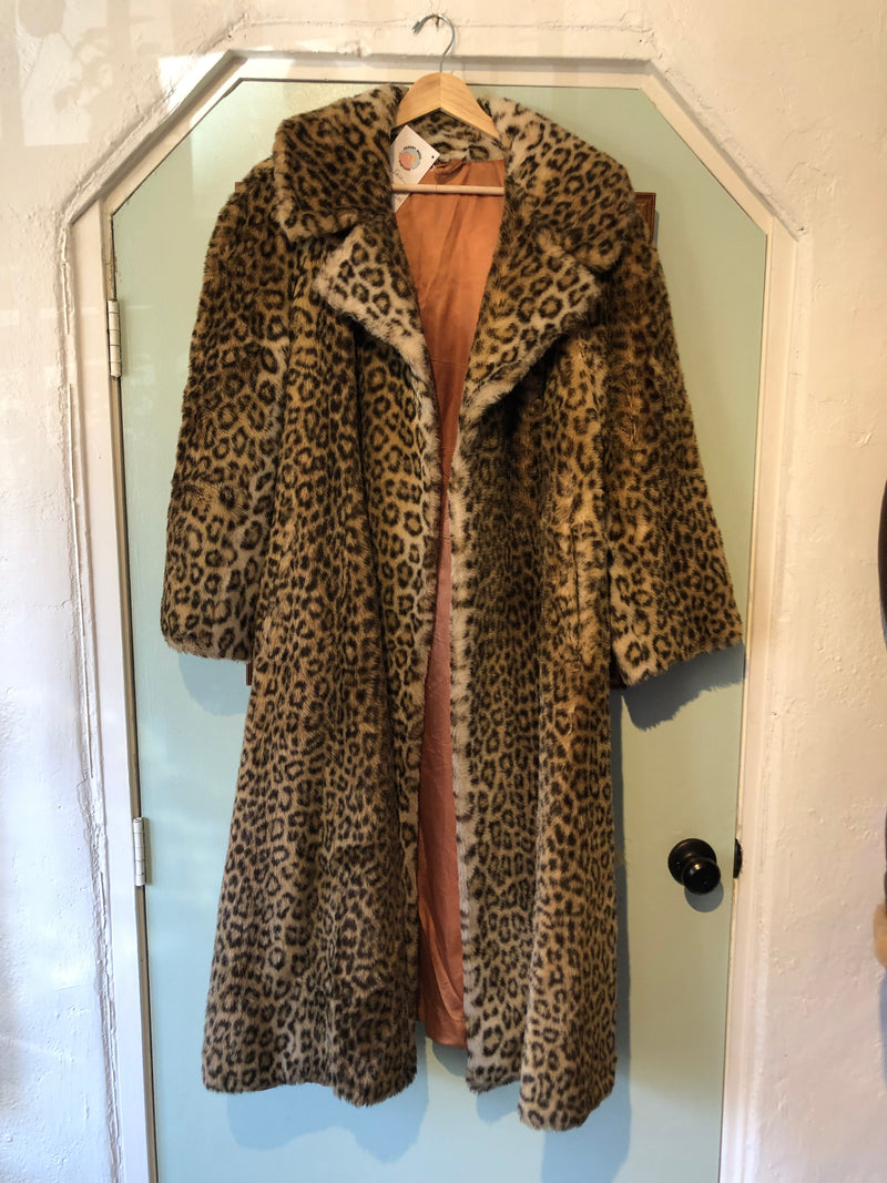 Long Faux Fur Leopard Coat - Satin Lined