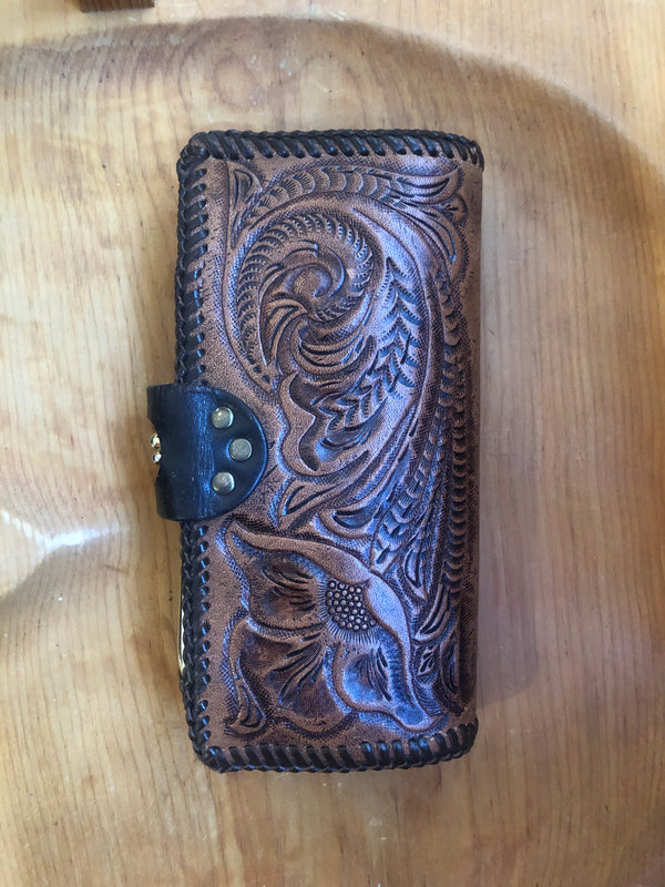 Hand Tooled Floral Leather Wallet w/Coin Purse and Snap