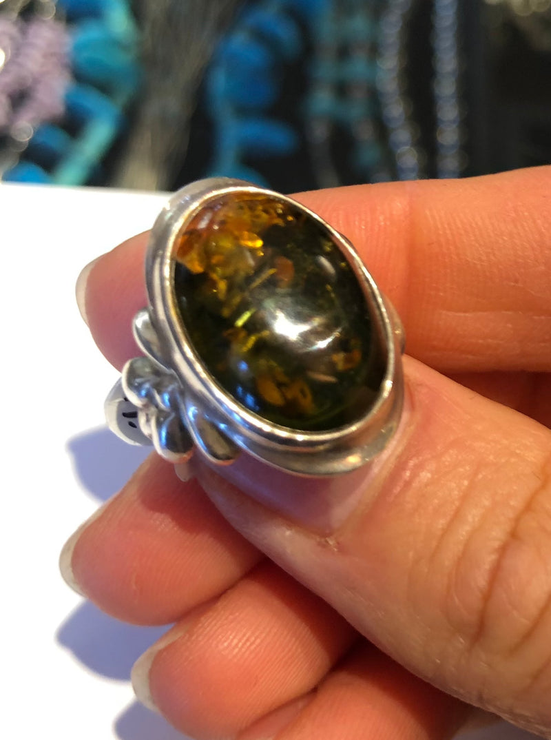 Green Amber Sterling Silver Ring