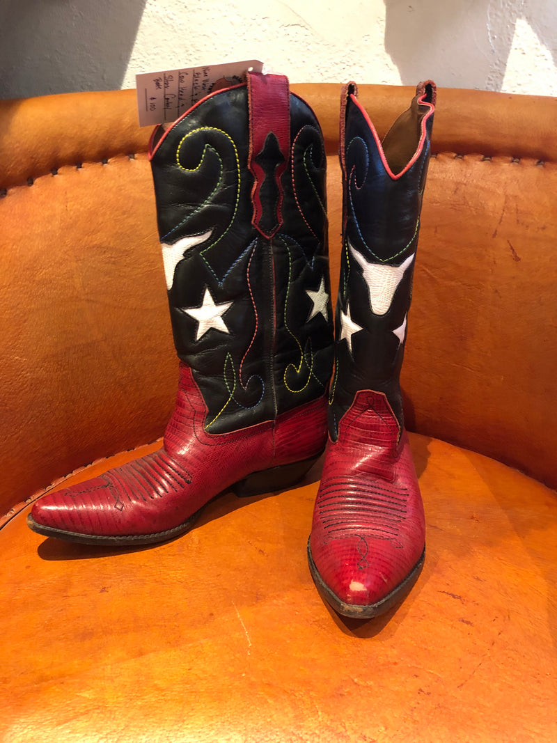 Nine West Black and Red Leather Cow Head and Star Cowboy Boots 8