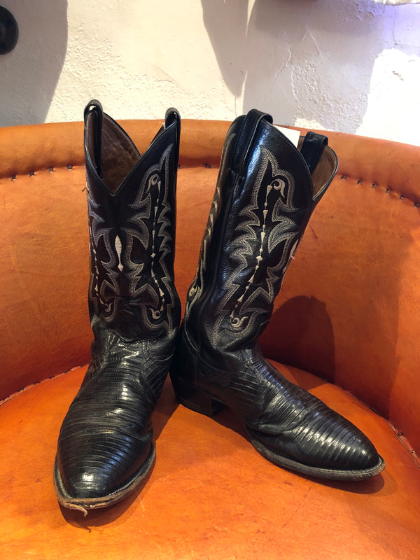 Black Tony Lama Lizard and Leather Boots with White Stitching 8.5 EE
