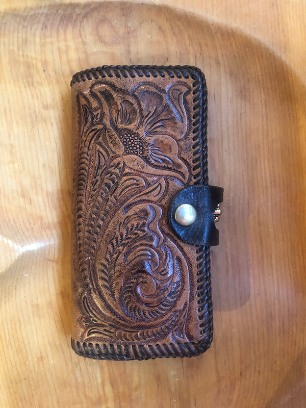 Hand Tooled Floral Leather Wallet w/Coin Purse and Snap