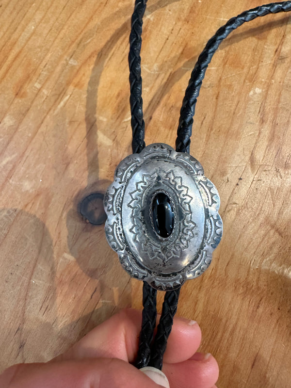 Tin and Onyx Leather Bolo Tie