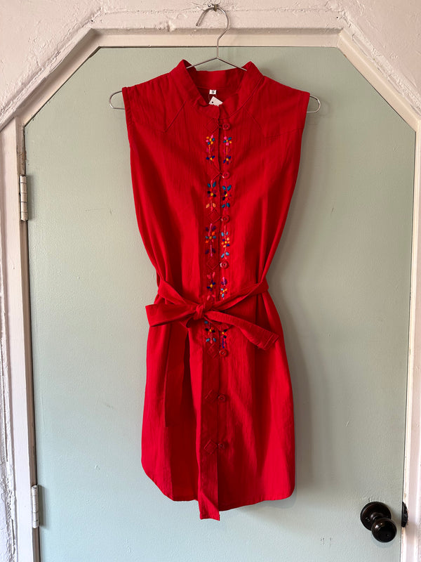 Red Cotton Mexican Summer Belted Dress