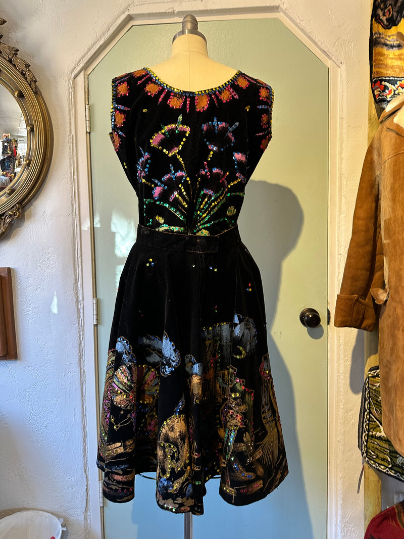 1950’s Velveteen Hand Painted Mexican Outfit with Sequins