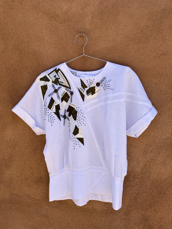 White and Green Beaded Blouse by Fidelio