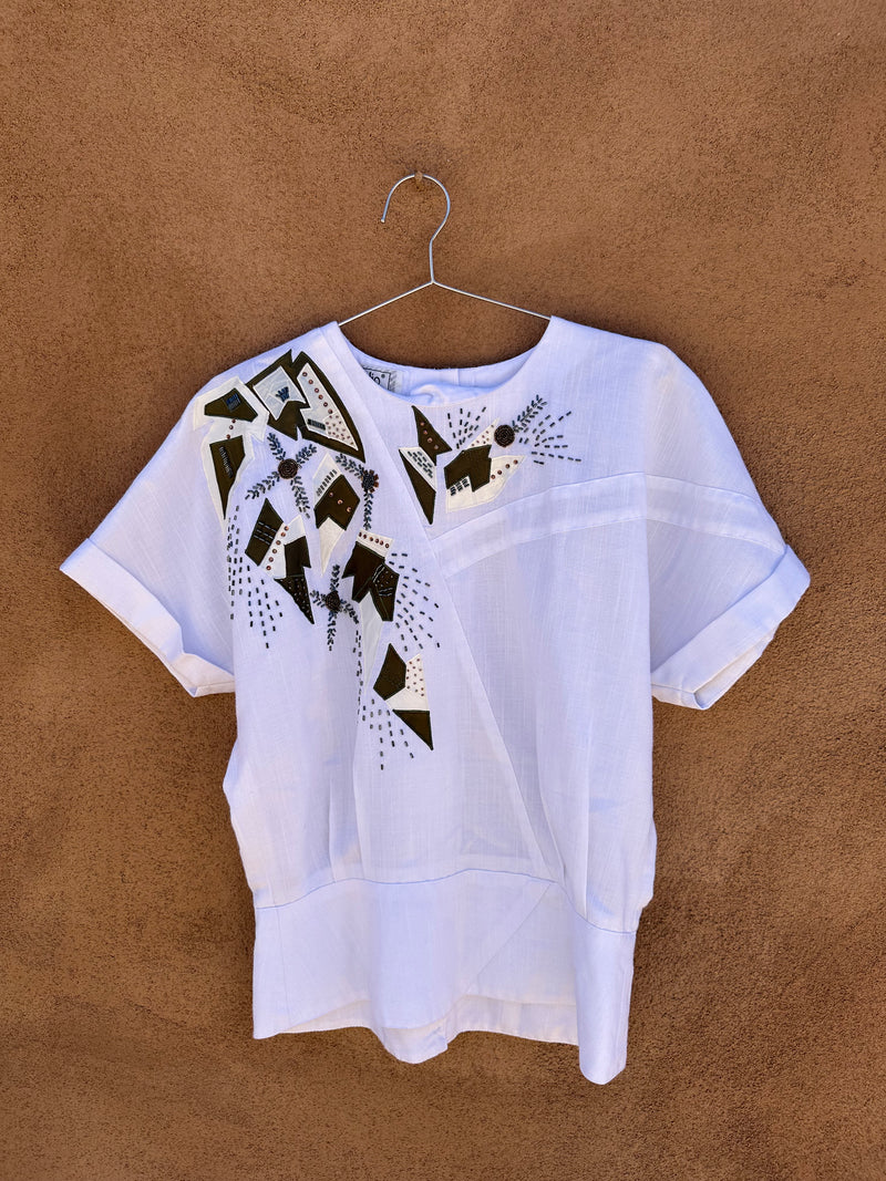 White and Green Beaded Blouse by Fidelio
